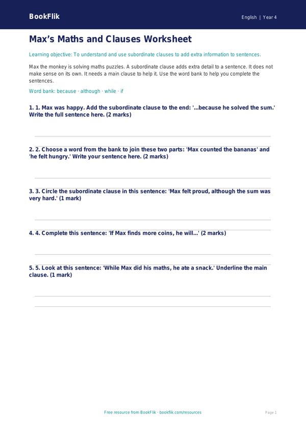 Free Subordinate Clauses Worksheet | Year 4 Supported | BookFlik worksheet preview — English Subordinate Clauses