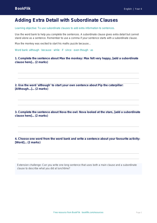 Free Subordinate Clauses Writing Frame | Year 4 Supported | BookFlik worksheet preview — English Subordinate Clauses
