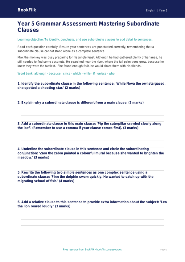 Free Subordinate Clauses Assessment | Year 5 Core | BookFlik worksheet preview — English Subordinate Clauses