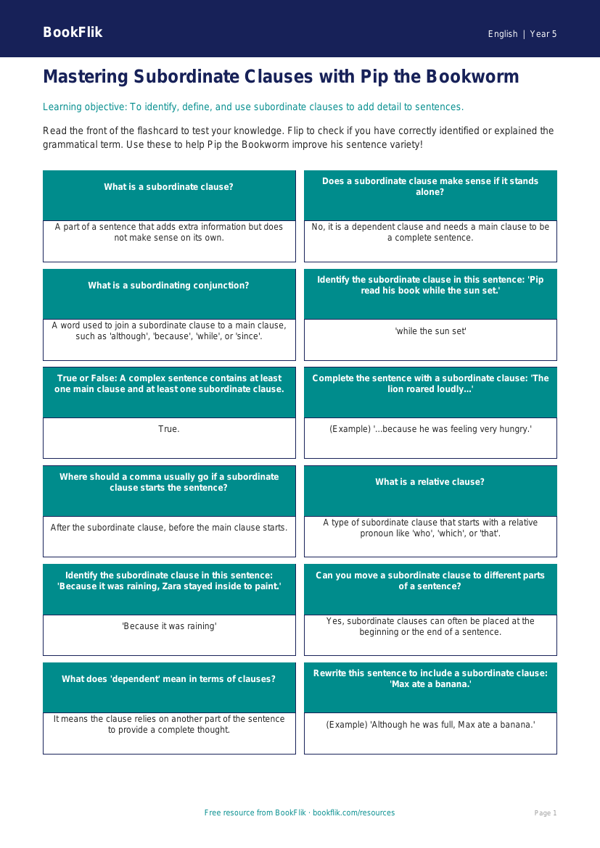 Free Subordinate Clauses Flashcards | Year 5 Core | BookFlik worksheet preview — English Subordinate Clauses