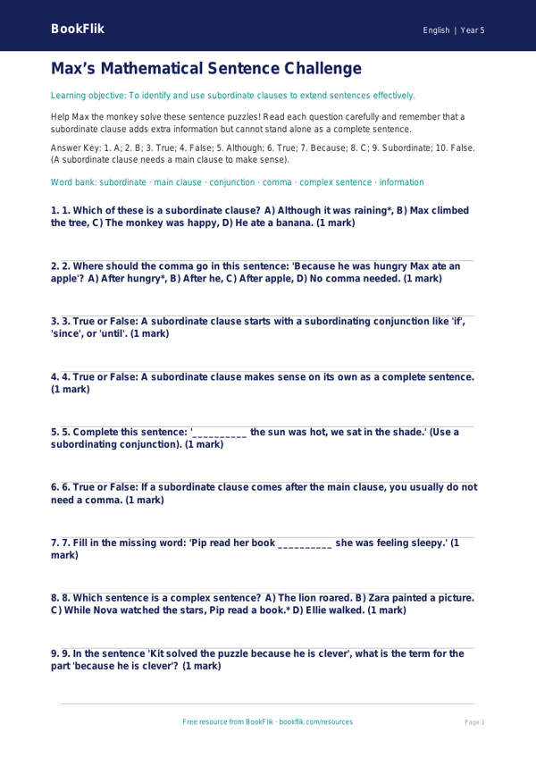 Free Subordinate Clauses Quiz | Year 5 Core | BookFlik worksheet preview — English Subordinate Clauses
