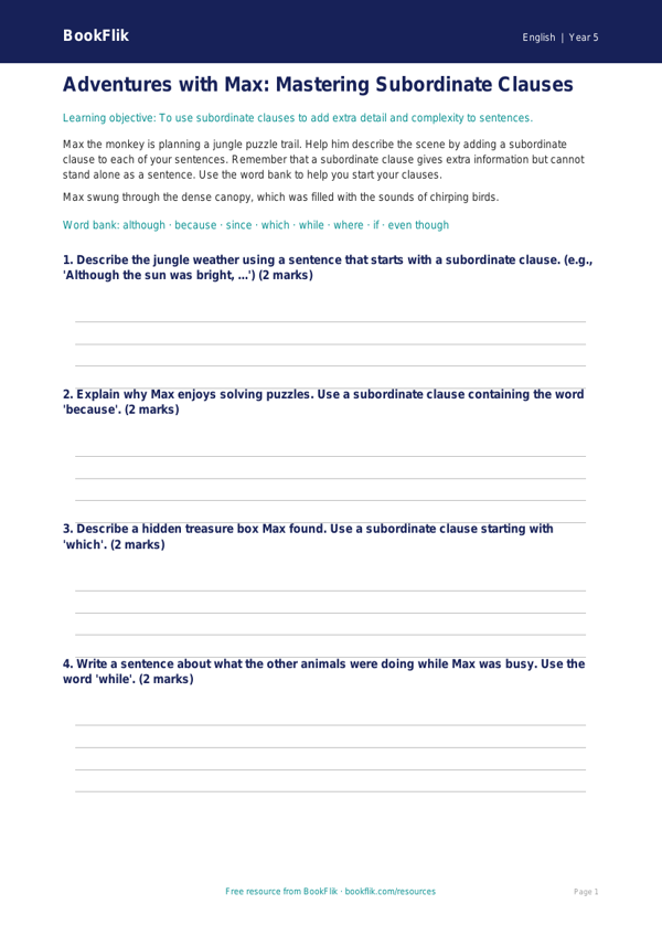 Free Subordinate Clauses Writing Frame | Year 5 Core | BookFlik worksheet preview — English Subordinate Clauses