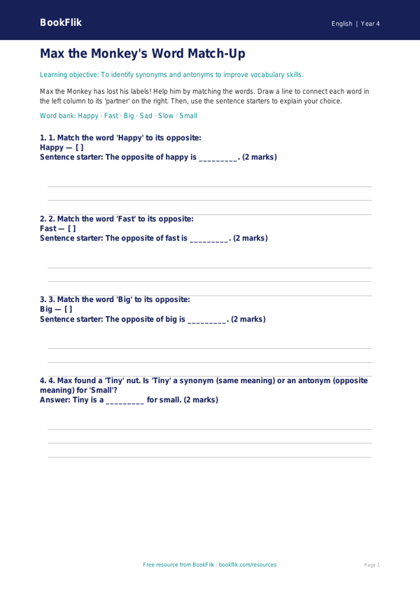Free Verbal Reasoning Activity Sheet | Year 4 Supported | BookFlik worksheet preview — English Verbal Reasoning