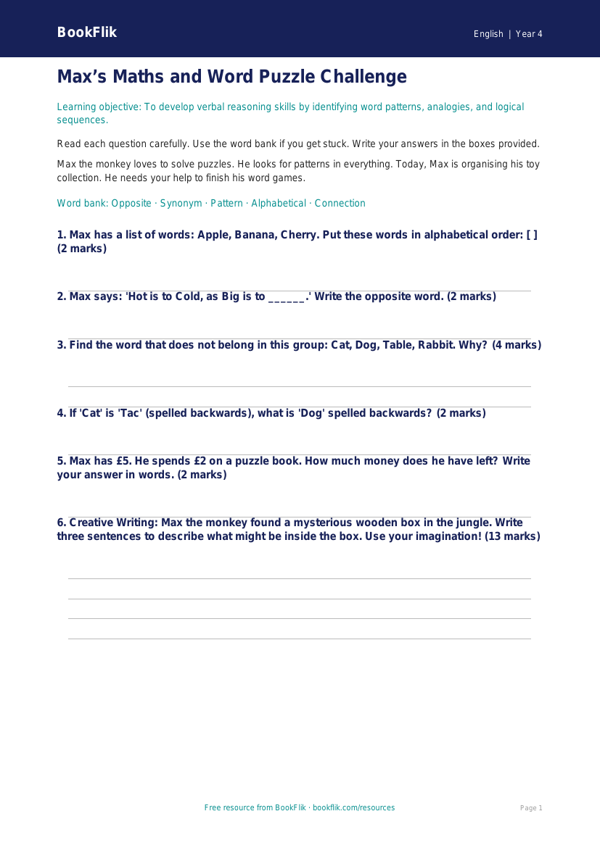 Free Verbal Reasoning Assessment | Year 4 Supported | BookFlik worksheet preview — English Verbal Reasoning