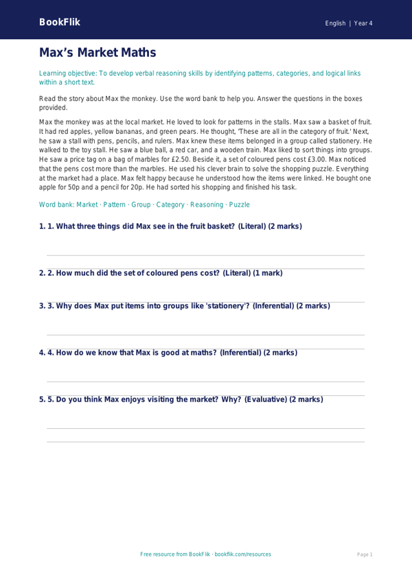 Free Verbal Reasoning Comprehension | Year 4 Supported | BookFlik worksheet preview — English Verbal Reasoning