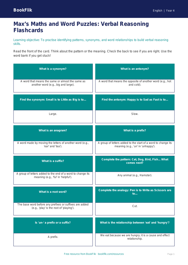 Free Verbal Reasoning Flashcards | Year 4 Supported | BookFlik worksheet preview — English Verbal Reasoning