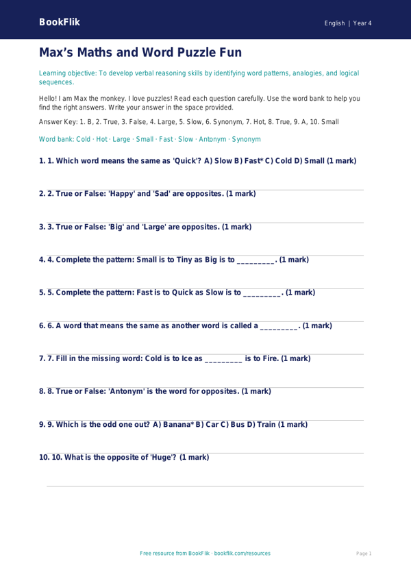 Free Verbal Reasoning Quiz | Year 4 Supported | BookFlik worksheet preview — English Verbal Reasoning