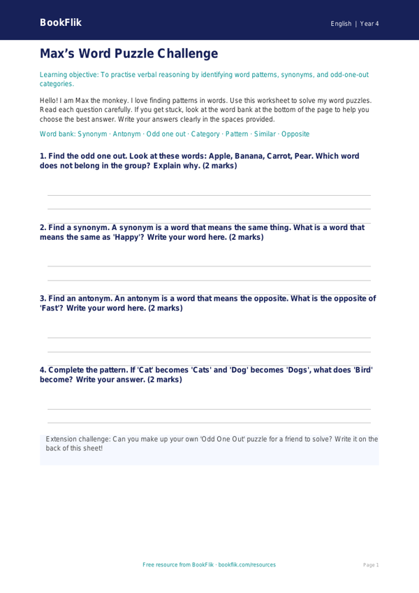 Free Verbal Reasoning Template | Year 4 Supported | BookFlik worksheet preview — English Verbal Reasoning