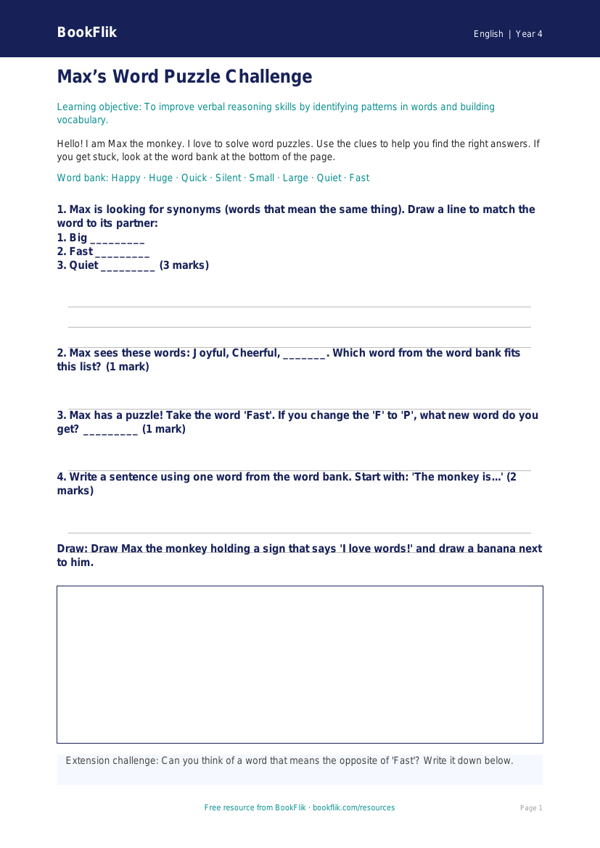 Free Verbal Reasoning Worksheet | Year 4 Supported | BookFlik worksheet preview — English Verbal Reasoning