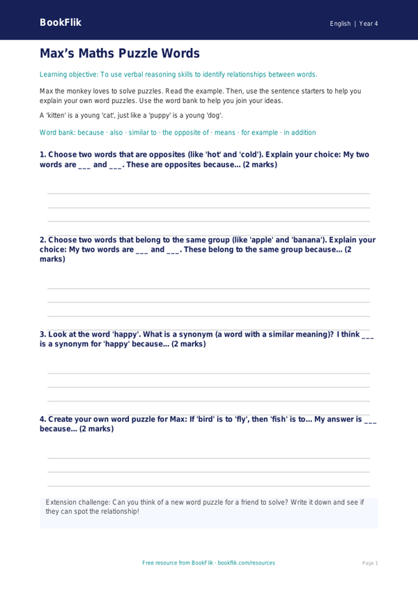 Free Verbal Reasoning Writing Frame | Year 4 Supported | BookFlik worksheet preview — English Verbal Reasoning