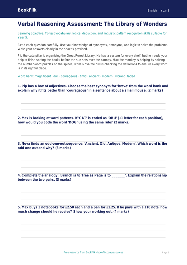 Free Verbal Reasoning Assessment | Year 5 Core | BookFlik worksheet preview — English Verbal Reasoning