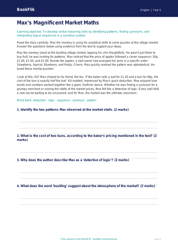 Free Verbal Reasoning Comprehension | Year 5 Core | BookFlik worksheet preview — English Verbal Reasoning