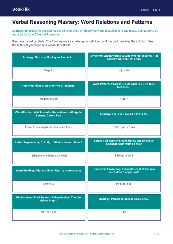 Free Verbal Reasoning Flashcards | Year 5 Core | BookFlik worksheet preview — English Verbal Reasoning