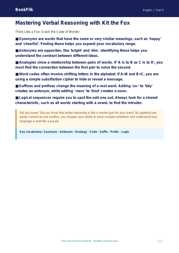 Free Verbal Reasoning Poster | Year 5 Core | BookFlik worksheet preview — English Verbal Reasoning