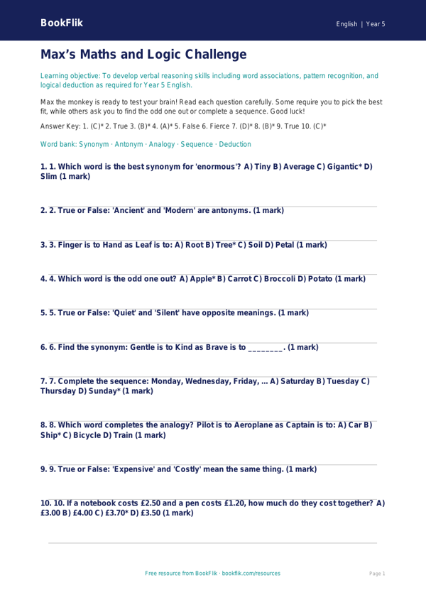 Free Verbal Reasoning Quiz | Year 5 Core | BookFlik worksheet preview — English Verbal Reasoning