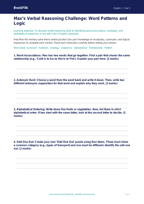 Free Verbal Reasoning Template | Year 5 Core | BookFlik worksheet preview — English Verbal Reasoning