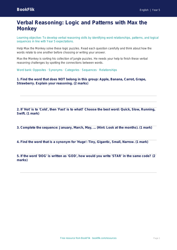 Free Verbal Reasoning Worksheet | Year 5 Core | BookFlik worksheet preview — English Verbal Reasoning