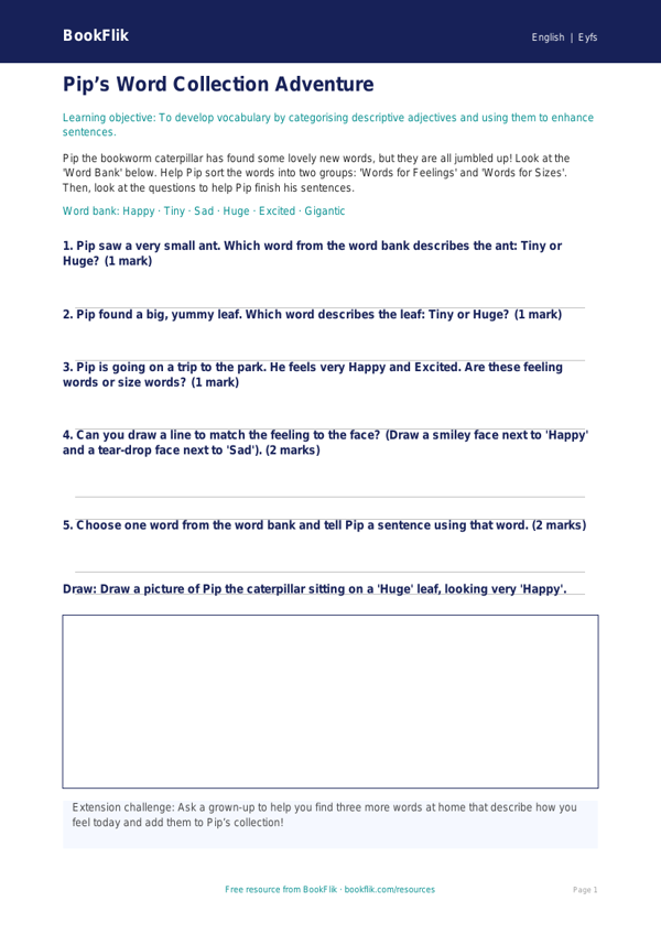 Free Vocabulary Activity Sheet | EYFS Core | BookFlik worksheet preview — English Vocabulary