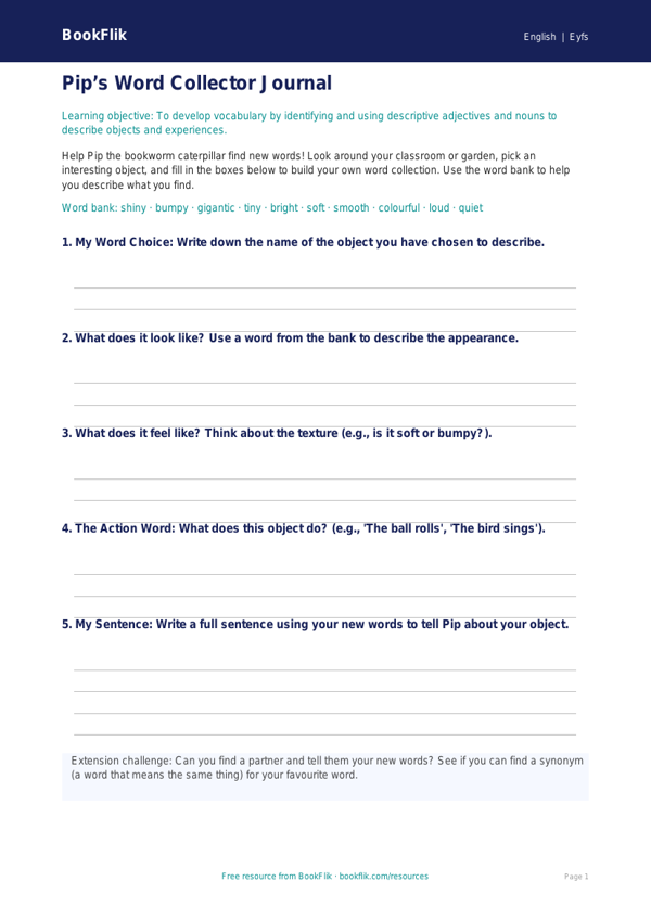 Free Vocabulary Template | EYFS Core | BookFlik worksheet preview — English Vocabulary