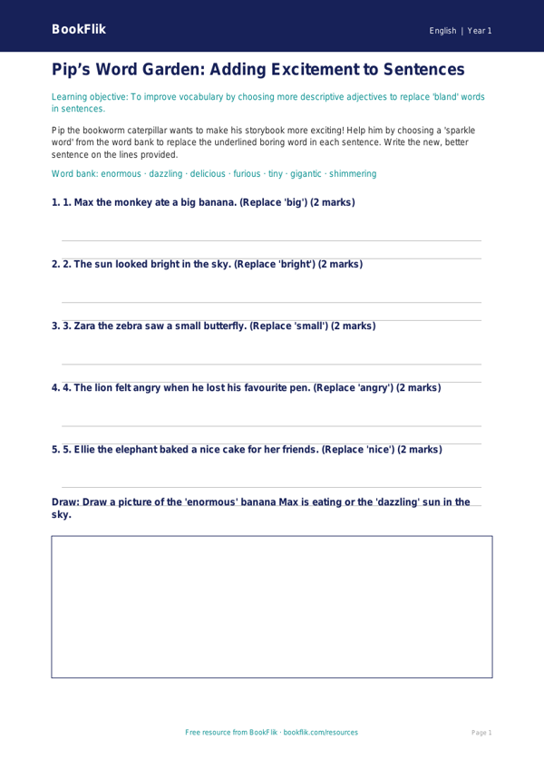 Free Vocabulary Activity Sheet | Year 1 Core | BookFlik worksheet preview — English Vocabulary