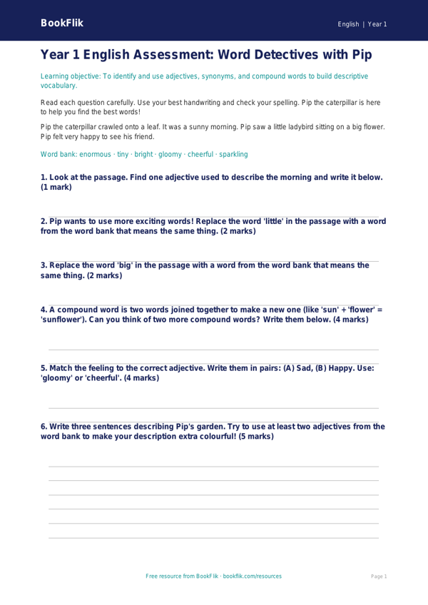 Free Vocabulary Assessment | Year 1 Core | BookFlik worksheet preview — English Vocabulary