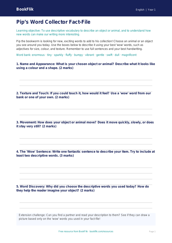 Free Vocabulary Template | Year 1 Core | BookFlik worksheet preview — English Vocabulary
