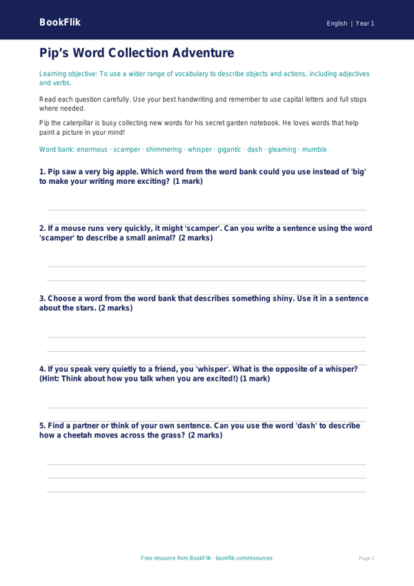 Free Vocabulary Worksheet | Year 1 Core | BookFlik worksheet preview — English Vocabulary