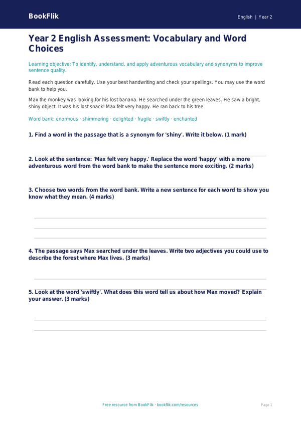 Free Vocabulary Assessment | Year 2 Core | BookFlik worksheet preview — English Vocabulary