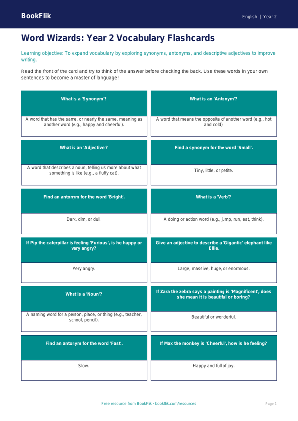 Free Vocabulary Flashcards | Year 2 Core | BookFlik worksheet preview — English Vocabulary