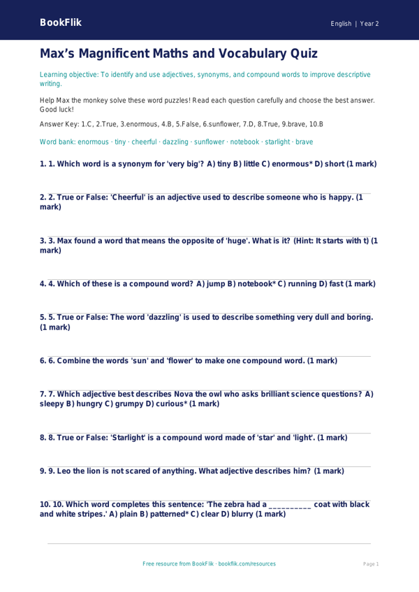 Free Vocabulary Quiz | Year 2 Core | BookFlik worksheet preview — English Vocabulary