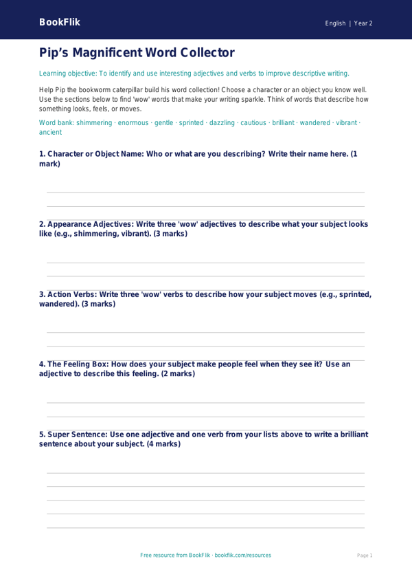 Free Vocabulary Template | Year 2 Core | BookFlik worksheet preview — English Vocabulary