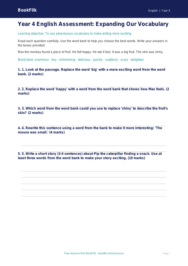 Free Vocabulary Assessment | Year 4 Supported | BookFlik worksheet preview — English Vocabulary