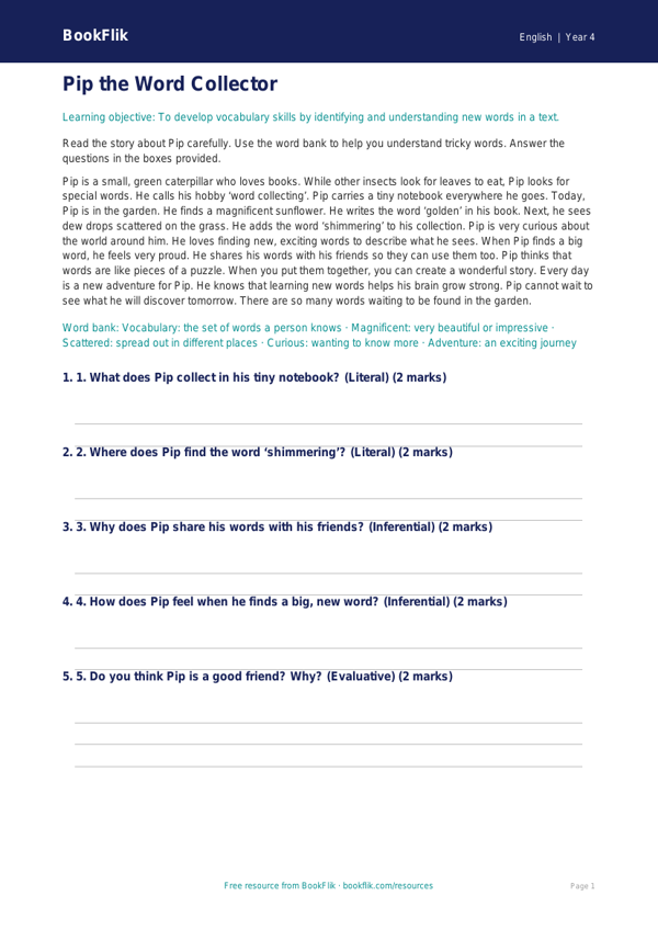 Free Vocabulary Comprehension | Year 4 Supported | BookFlik worksheet preview — English Vocabulary