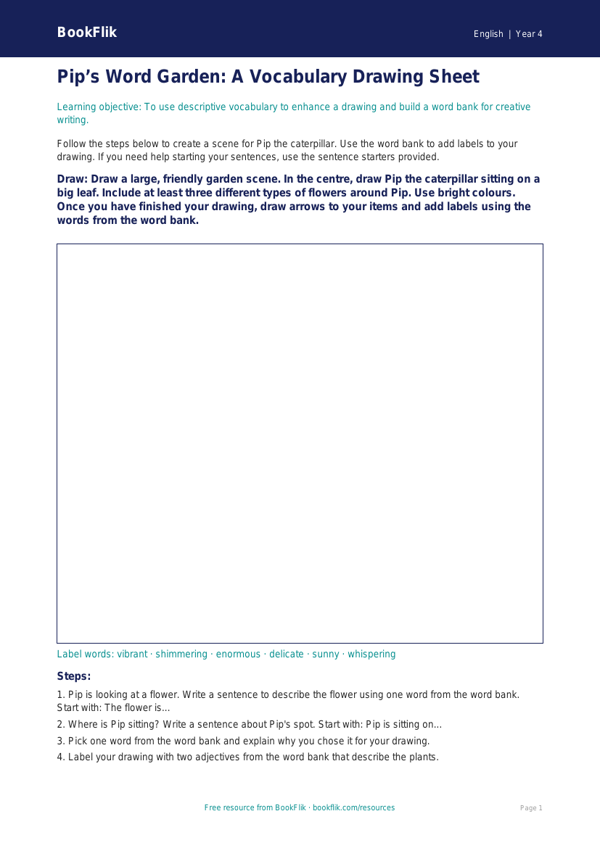 Free Vocabulary Drawing Sheet | Year 4 Supported | BookFlik worksheet preview — English Vocabulary