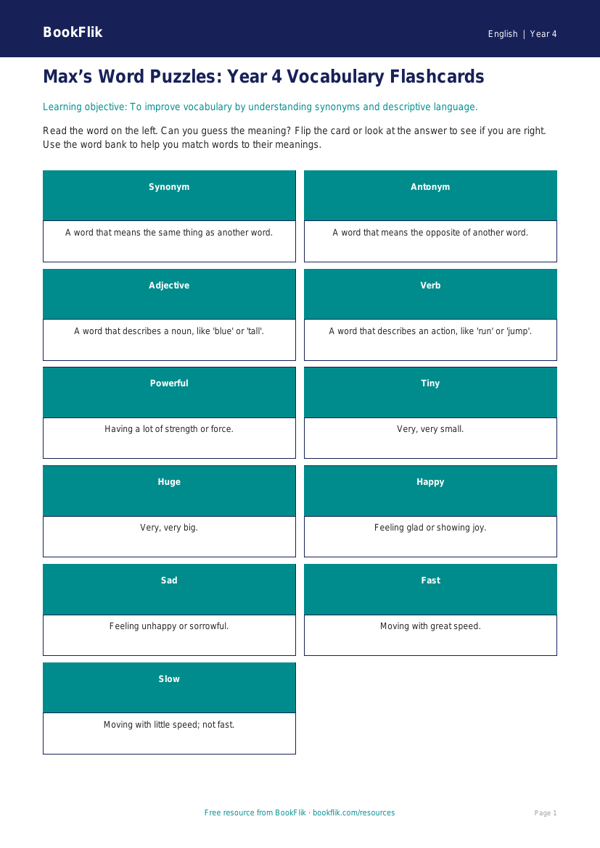 Free Vocabulary Flashcards | Year 4 Supported | BookFlik worksheet preview — English Vocabulary