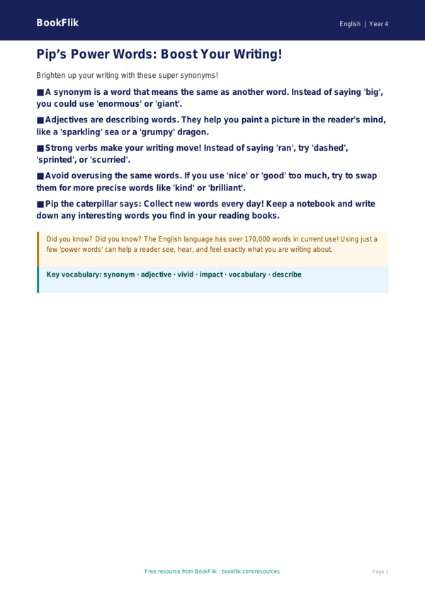 Free Vocabulary Poster | Year 4 Supported | BookFlik worksheet preview — English Vocabulary