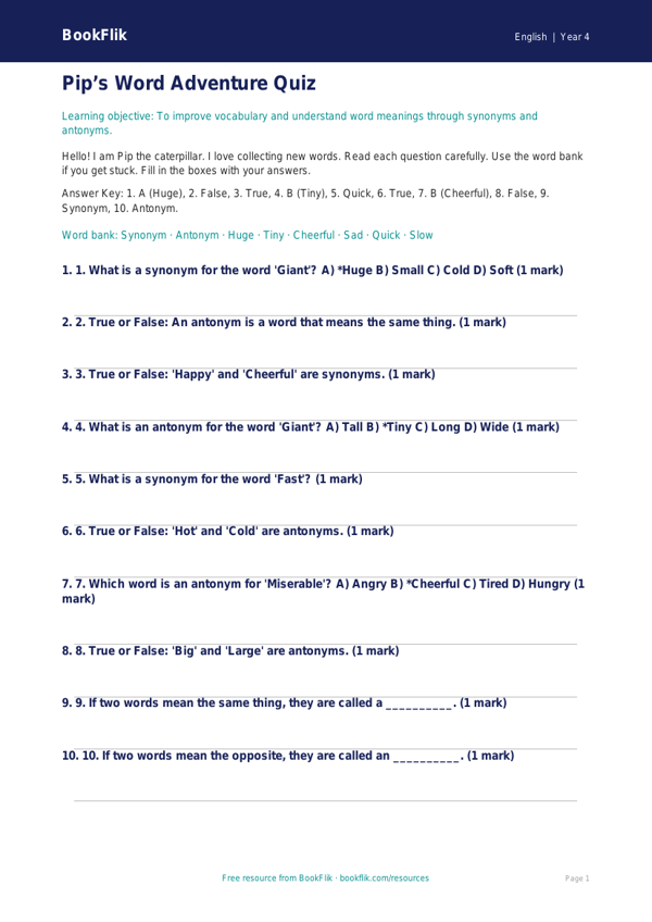 Free Vocabulary Quiz | Year 4 Supported | BookFlik worksheet preview — English Vocabulary
