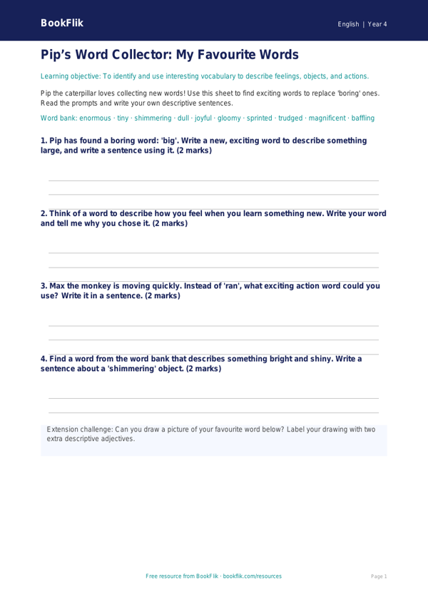 Free Vocabulary Template | Year 4 Supported | BookFlik worksheet preview — English Vocabulary