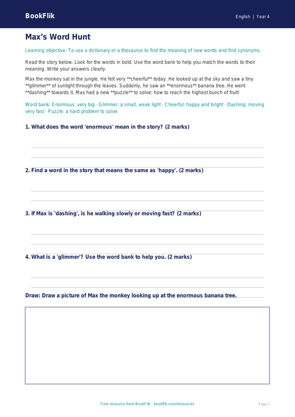 Free Vocabulary Track Sheet | Year 4 Supported | BookFlik worksheet preview — English Vocabulary
