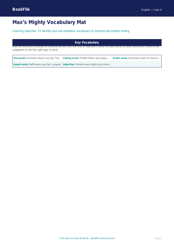 Free Vocabulary Word Mat | Year 4 Supported | BookFlik worksheet preview — English Vocabulary