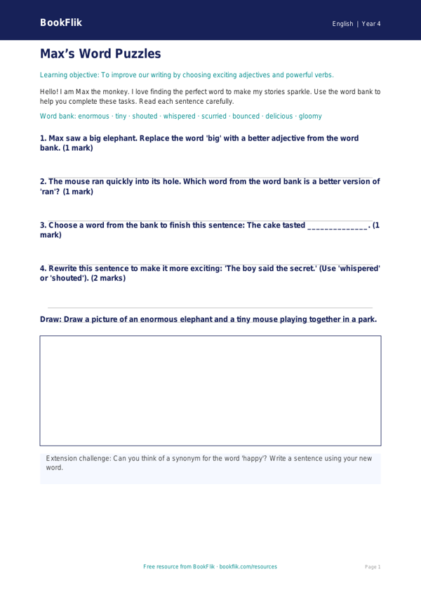 Free Vocabulary Worksheet | Year 4 Supported | BookFlik worksheet preview — English Vocabulary