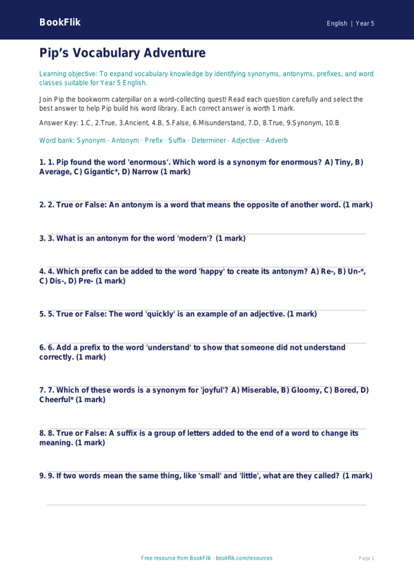 Free Vocabulary Quiz | Year 5 Core | BookFlik worksheet preview — English Vocabulary