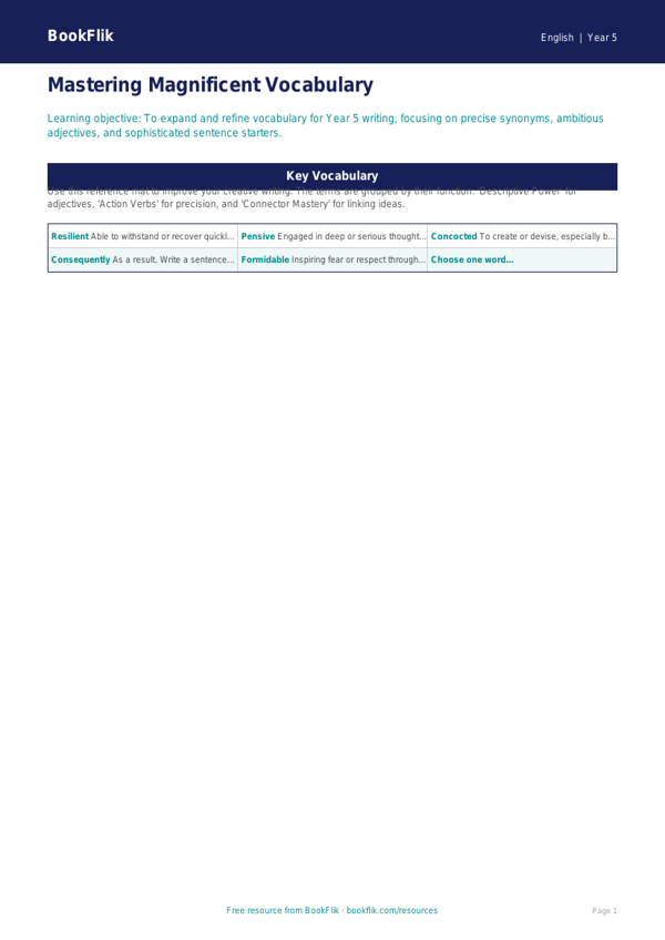 Free Vocabulary Word Mat | Year 5 Greater Depth | BookFlik worksheet preview — English Vocabulary
