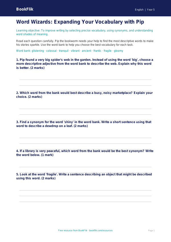 Free Vocabulary Worksheet | Year 5 Core | BookFlik worksheet preview — English Vocabulary
