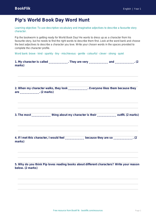 Free World Book Day Activity Sheet | Year 1 Core | BookFlik worksheet preview — English World Book Day