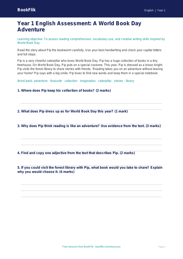 Free World Book Day Assessment | Year 1 Core | BookFlik worksheet preview — English World Book Day