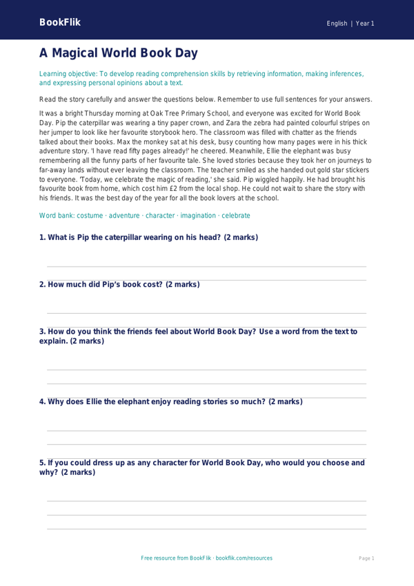 Free World Book Day Comprehension | Year 1 Core | BookFlik worksheet preview — English World Book Day
