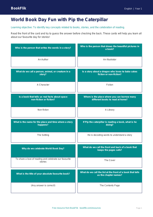 Free World Book Day Flashcards | Year 1 Core | BookFlik worksheet preview — English World Book Day