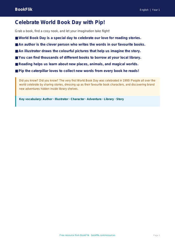 Free World Book Day Poster | Year 1 Core | BookFlik worksheet preview — English World Book Day