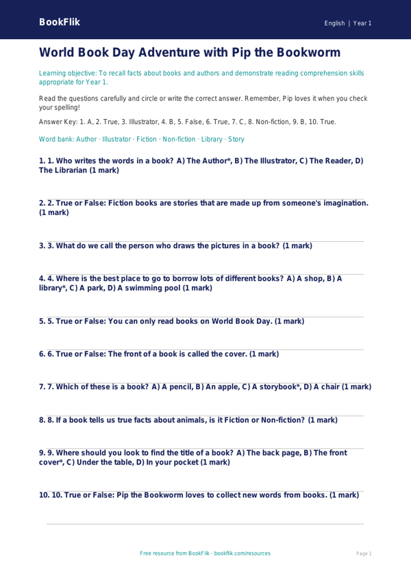 Free World Book Day Quiz | Year 1 Core | BookFlik worksheet preview — English World Book Day